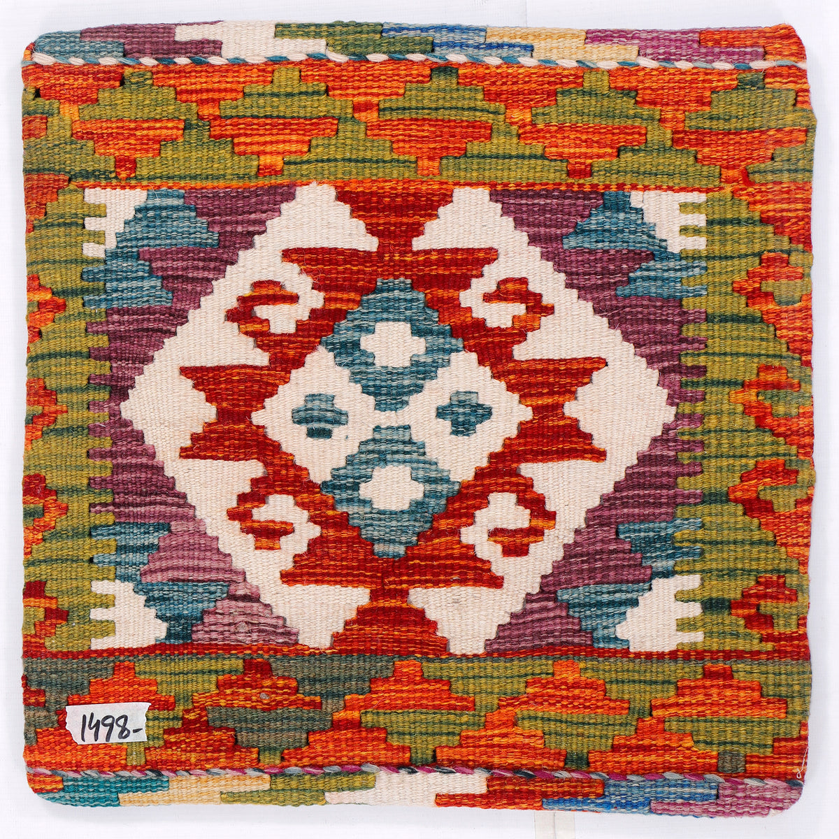 Kilim cushion cover close-up with multicolor diamond geometric pattern, 45x45 cm