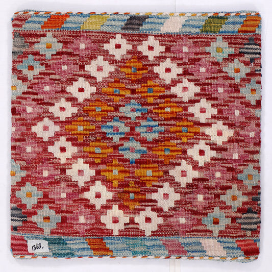 Red floral kilim cushion cover with woven geometric pattern, 45x45 cm
