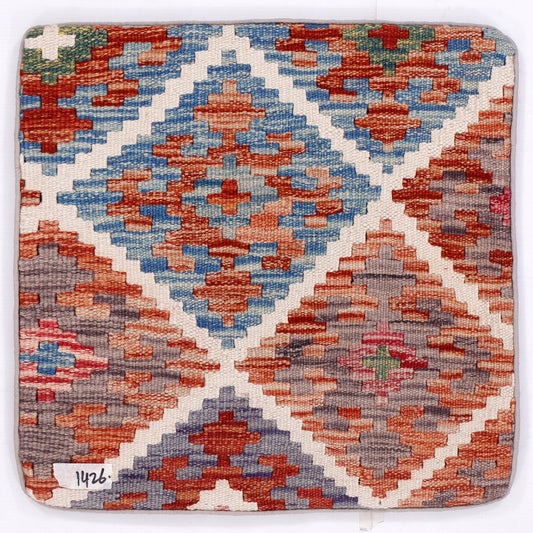 Kilim cushion cover, 45x45 cm, blue and red geometric diamond pattern