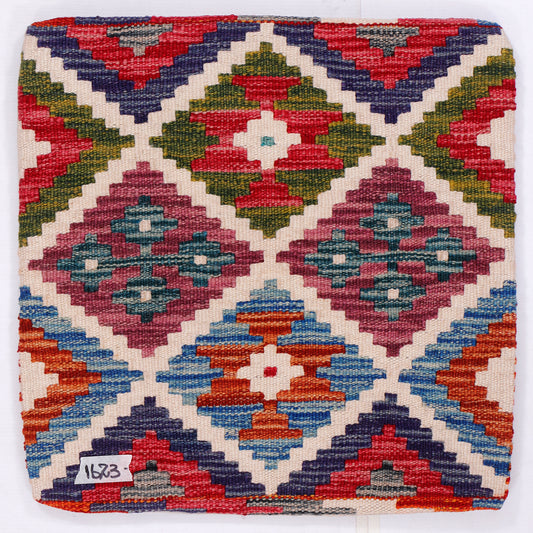 Kilim cushion cover close-up with multicolor geometric diamond cross pattern, 45x45 cm