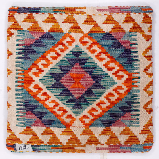 Orange kilim cushion cover with diamond pattern in blue, teal and white, 45x45 cm