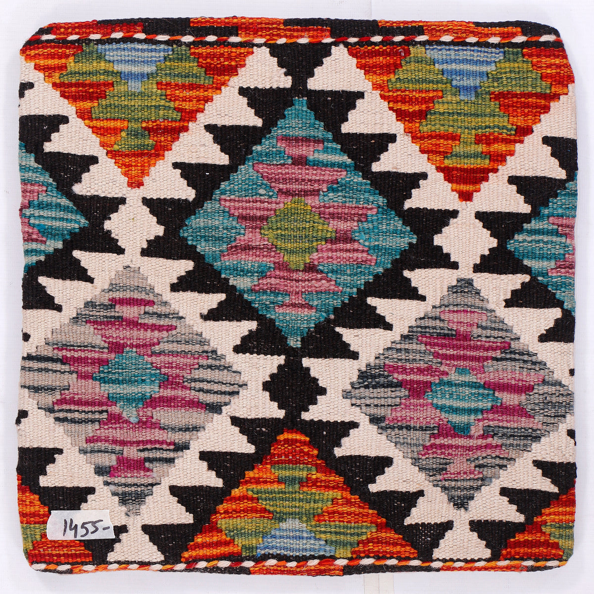 Blue contrast kilim cushion cover with multicolor geometric pattern and black motifs
