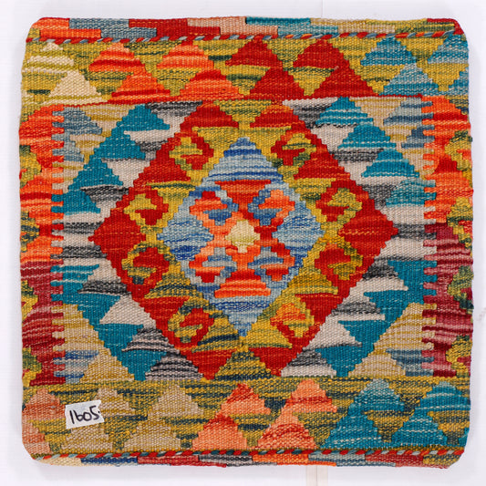 Multicolor geometric kilim cushion cover with central diamond medallion, 45x45 cm