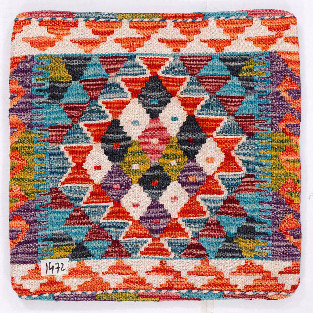 45x45 kilim cushion cover, orange tribal diamond pattern, multicolor woven textile