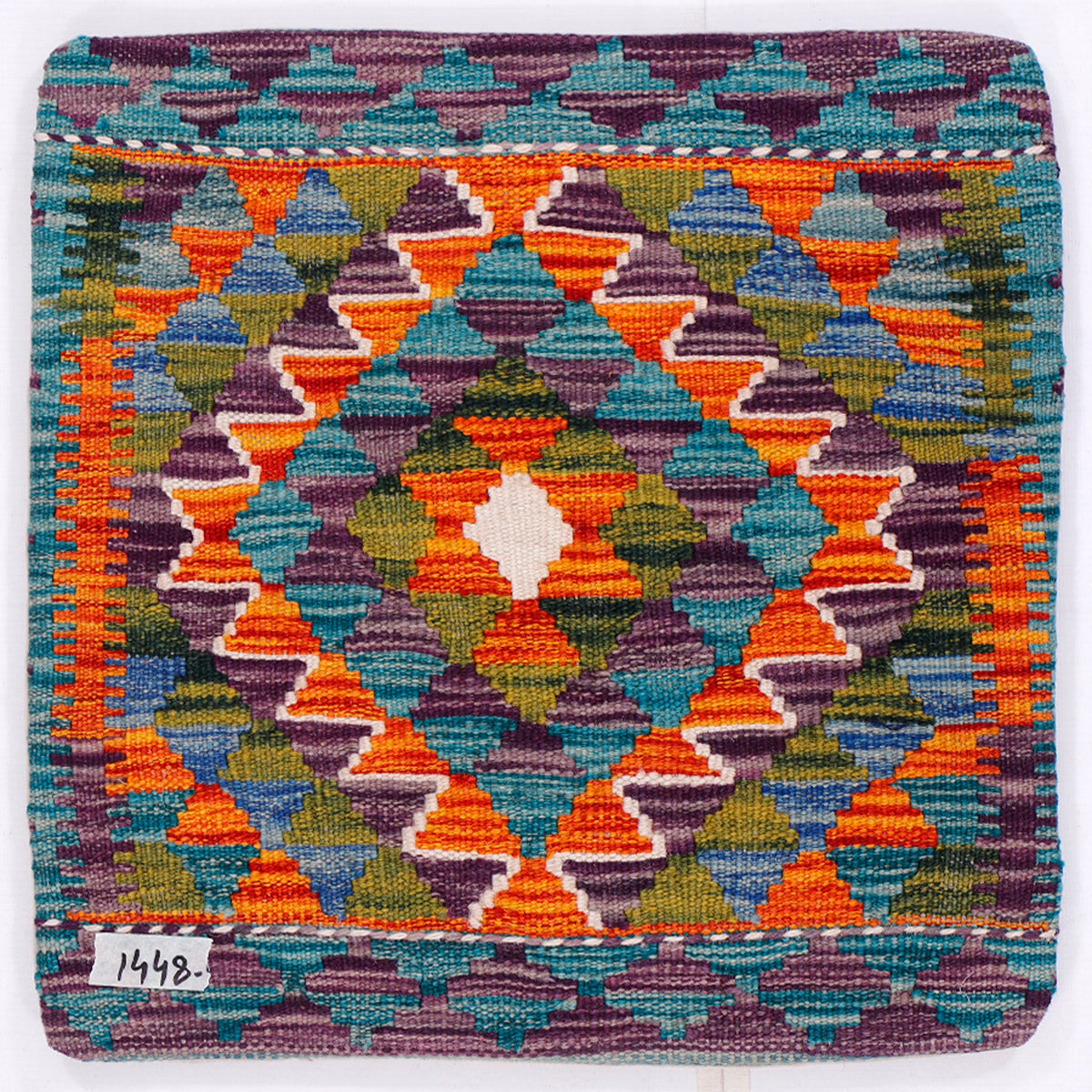 Kilim cushion cover 45x45 cm with multicolor geometric pattern, turquoise and orange