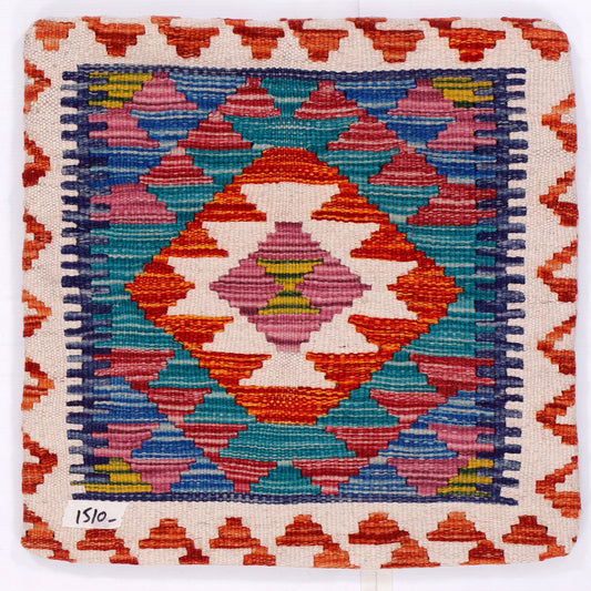 Turquoise kilim cushion cover, 45x45 cm, multicolor geometric front panel