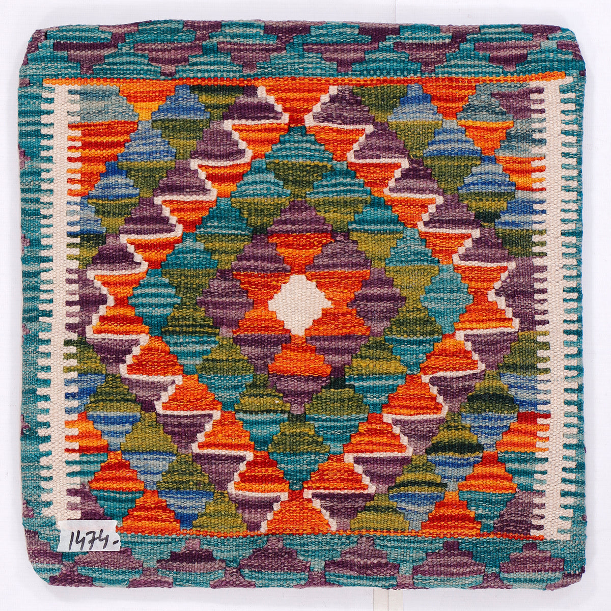 Turquoise kilim cushion cover with multicolor diamond pattern, square 45x45 cm