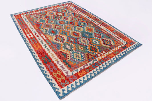 Kilim rug with multicolor geometric diamond motifs, red and teal accents
