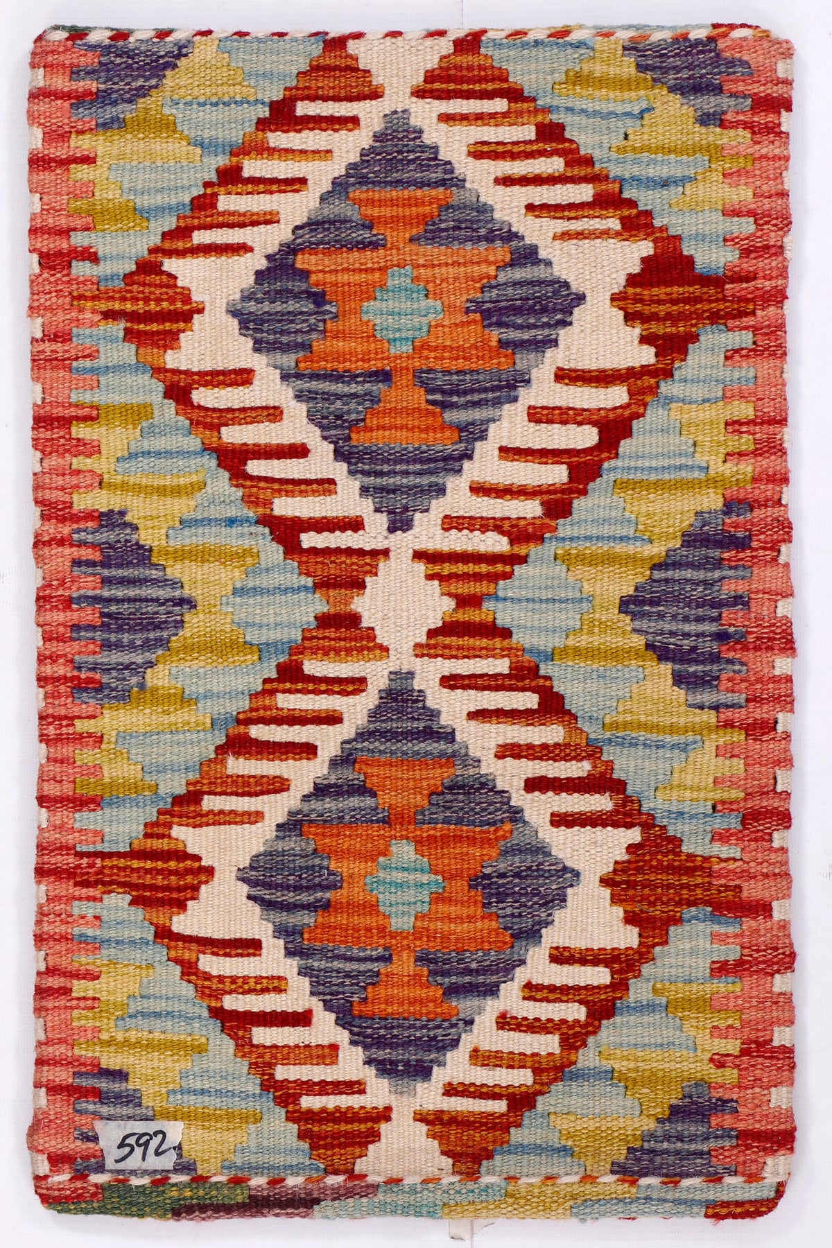 Kilim cushion cover with red multicolor geometric diamond pattern, 35x55 cm