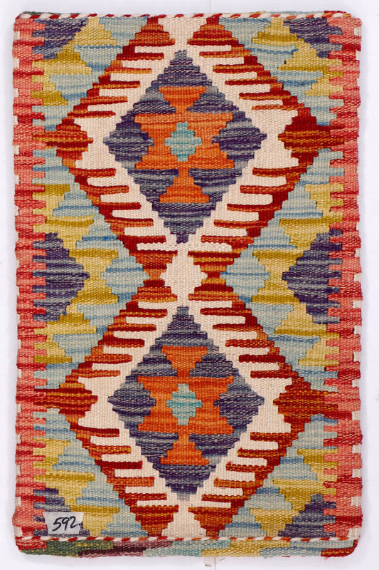 Kilim cushion cover with red multicolor geometric diamond pattern, 35x55 cm