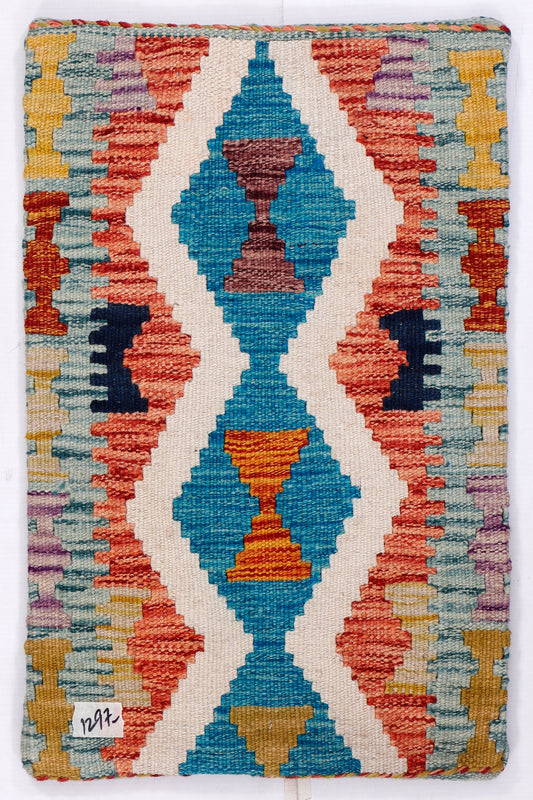 Turquoise kilim cushion cover, 35x55 cm, geometric diamond pattern in blue and orange