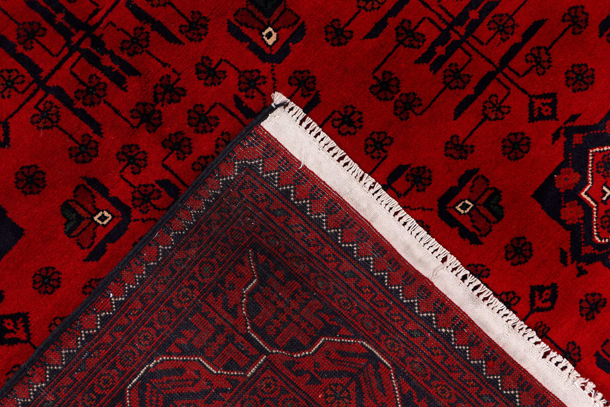 Red rug corner with decorative pattern and light fringe edging
