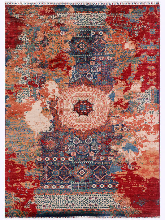 Rectangular kilim rug with central medallion in red, blue and cream