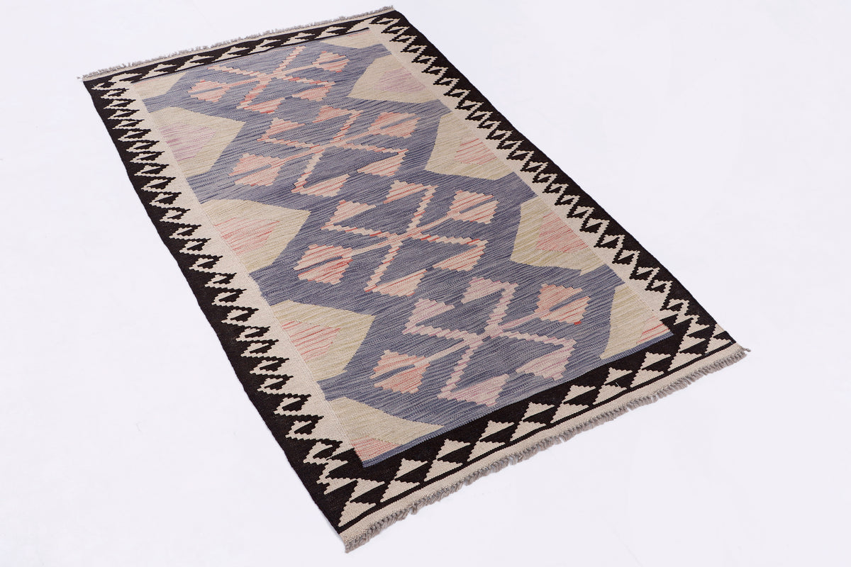 Echo purple kilim rug, 160x100 cm, geometric pattern with zigzag border.