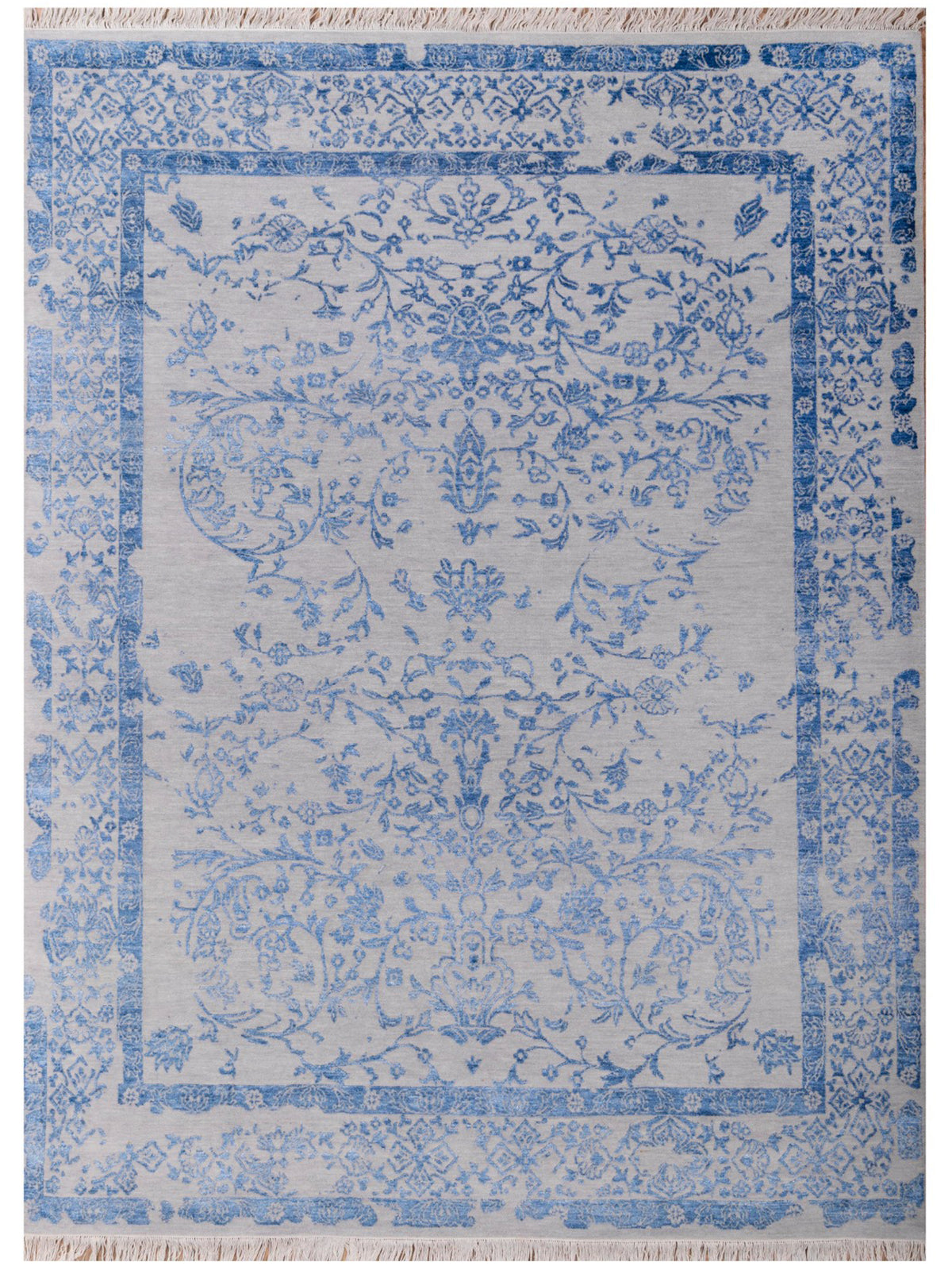 Modern rug 310x244 cm square-like design with blue damask border and light patterned field