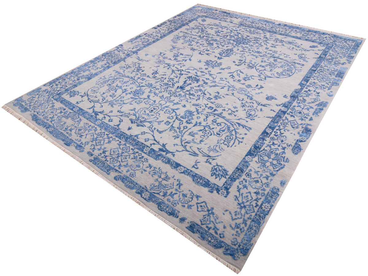 Modern rug 310x244 cm blue scrollwork pattern on light ground with framed border