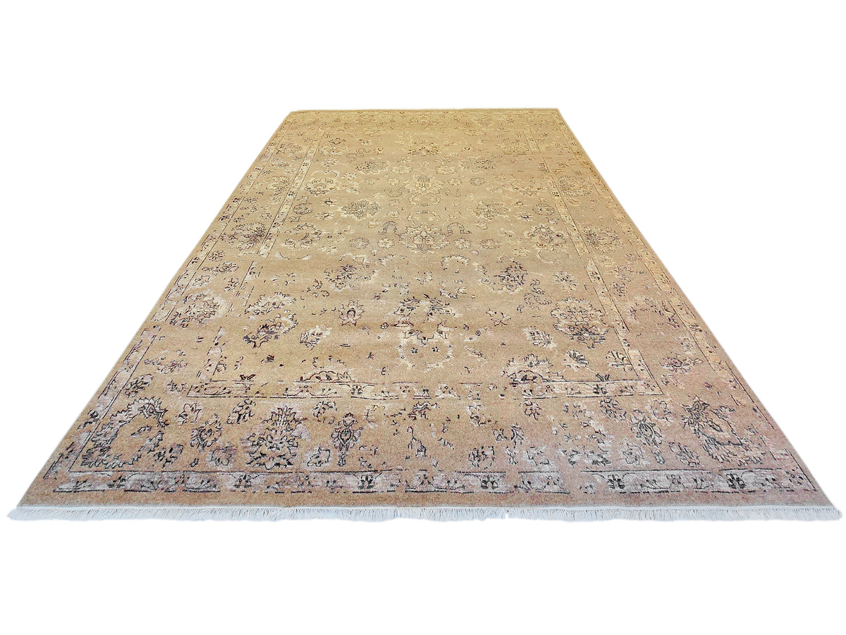 Modern rug 305x245 cm in beige with blue-gray distressed floral pattern, full view