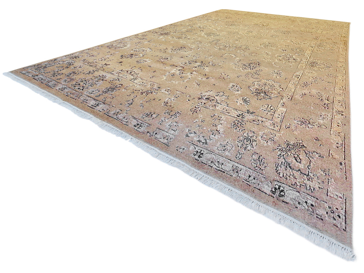 Modern rug 305x245 cm beige with blue-gray floral motifs, angled view and short fringe