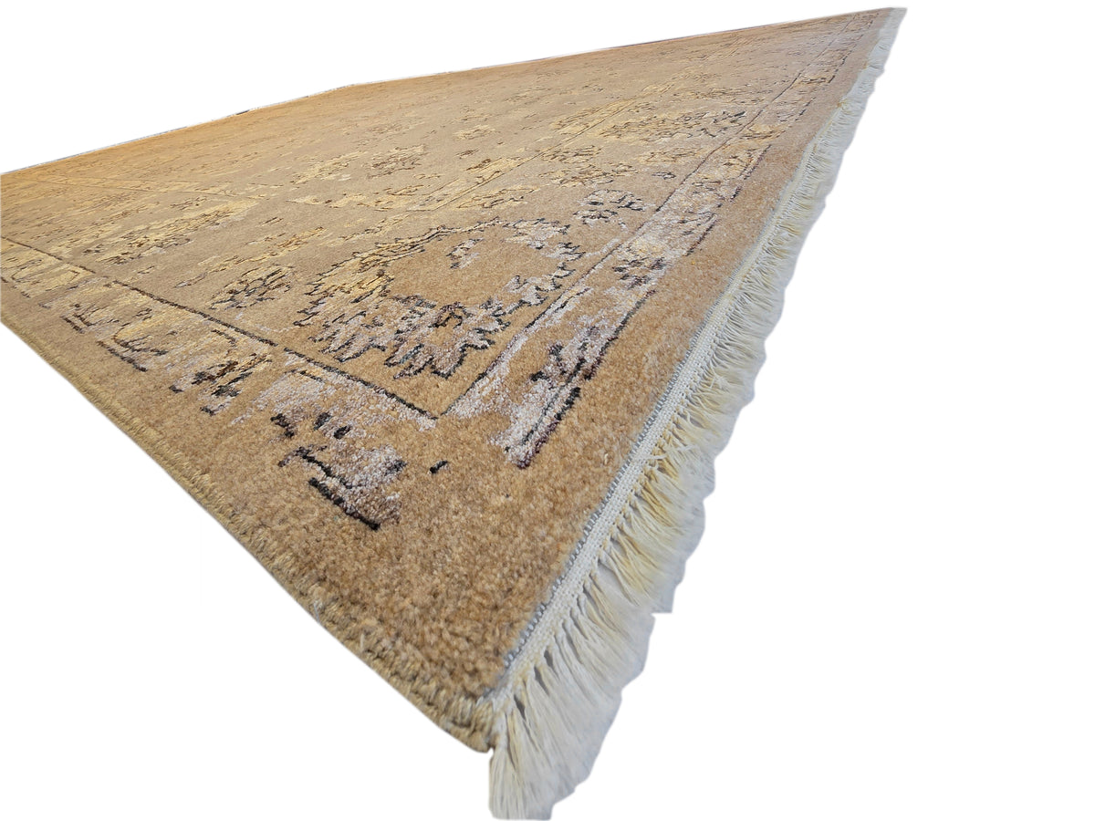 Modern rug 305x245 cm beige with blue-gray geometric lines and short fringe, corner view