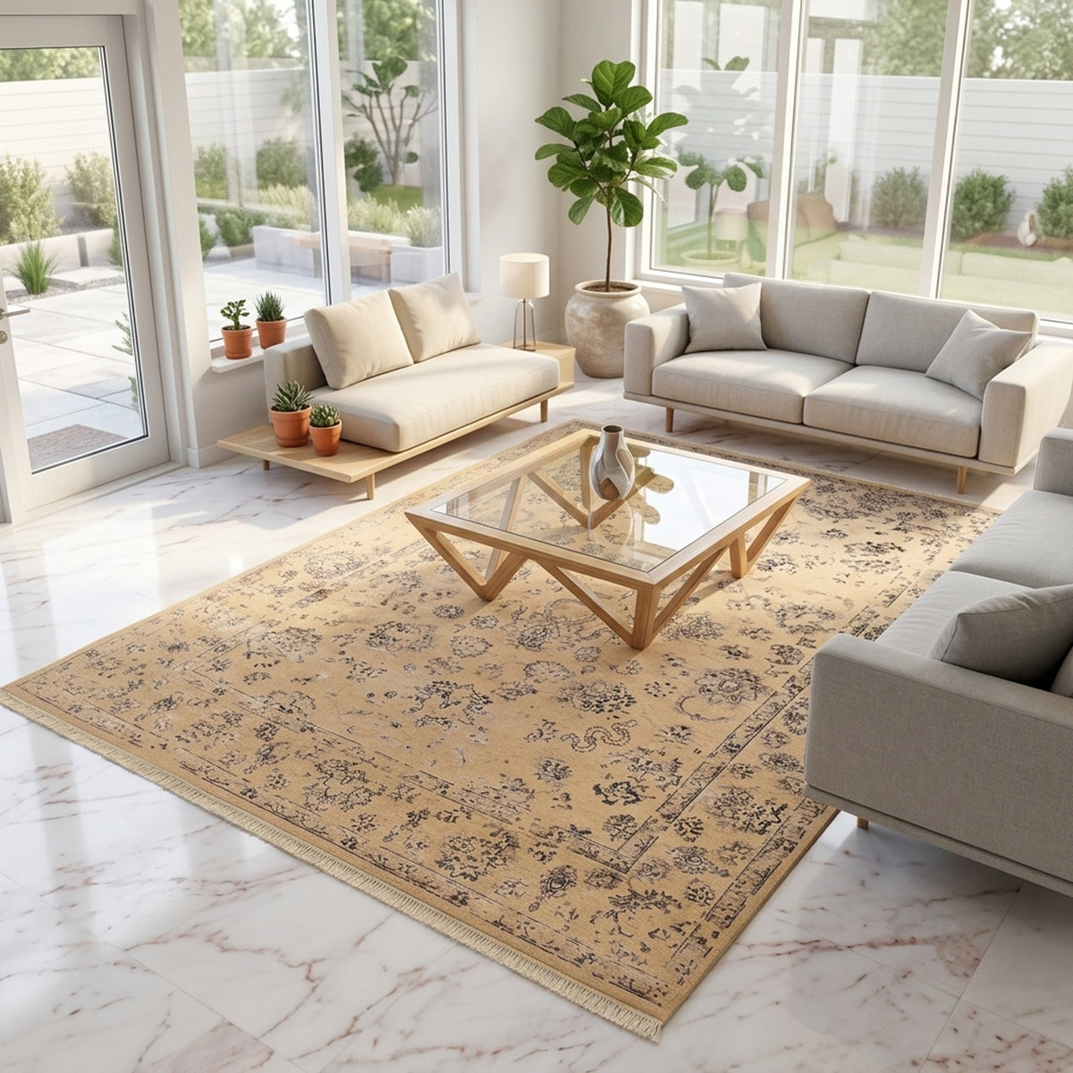 Modern rug 305x245 cm beige with blue-gray floral design and short fringe, room view