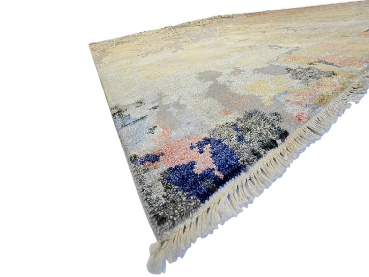 300x240 cm modern abstract rug edge with fringe, beige ground and navy-blue detail