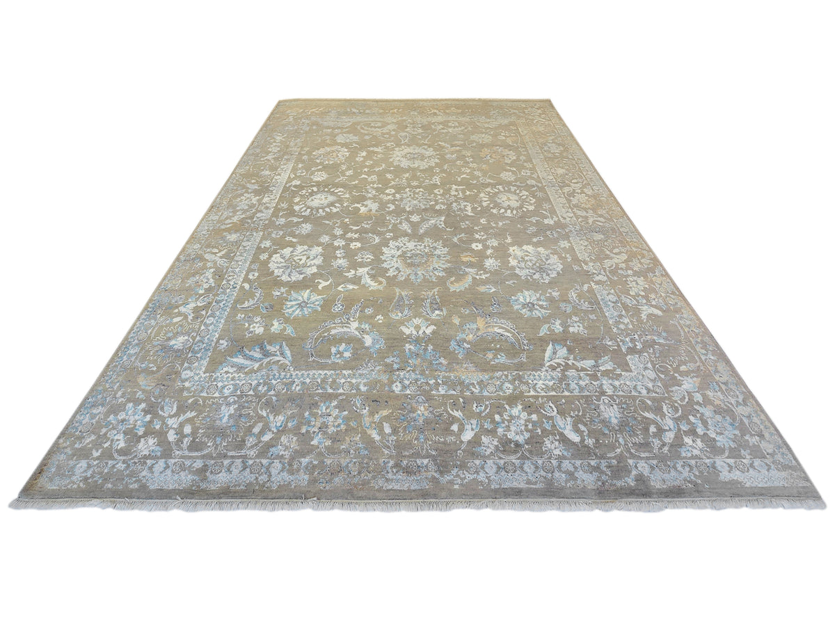 Modern area rug with distressed floral medallion pattern, beige and blue