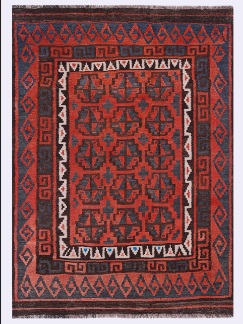 Nomad Charm kilim rug, red and dark blue with geometric medallion, full view