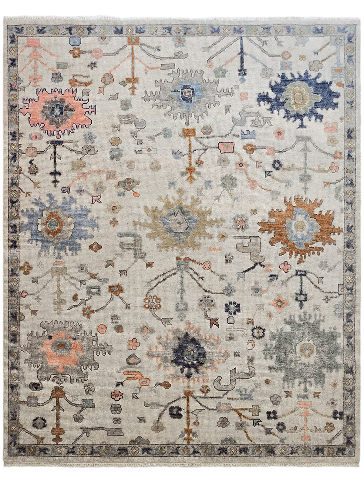 Oushak rug square view with light beige field, blue border, and multicolor geometric symbols