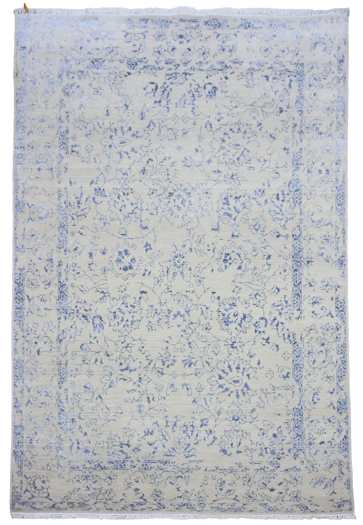 Ice blue area rug with distressed floral print and fringed border, 240x168 cm