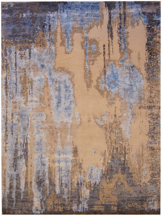 Abstract modern Tibetan rug with beige and light-blue vertical streaks, dark accents