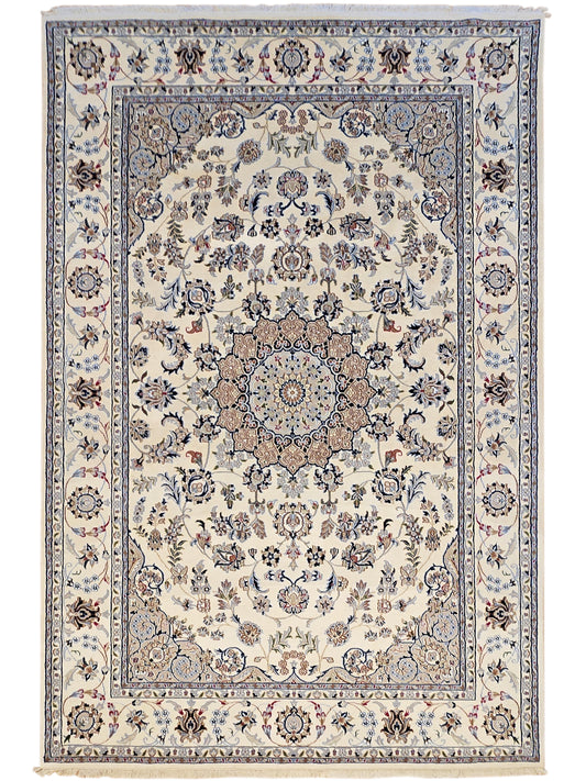 Ivory decorative area rug with blue frame border, central medallion, ornate corner motifs.