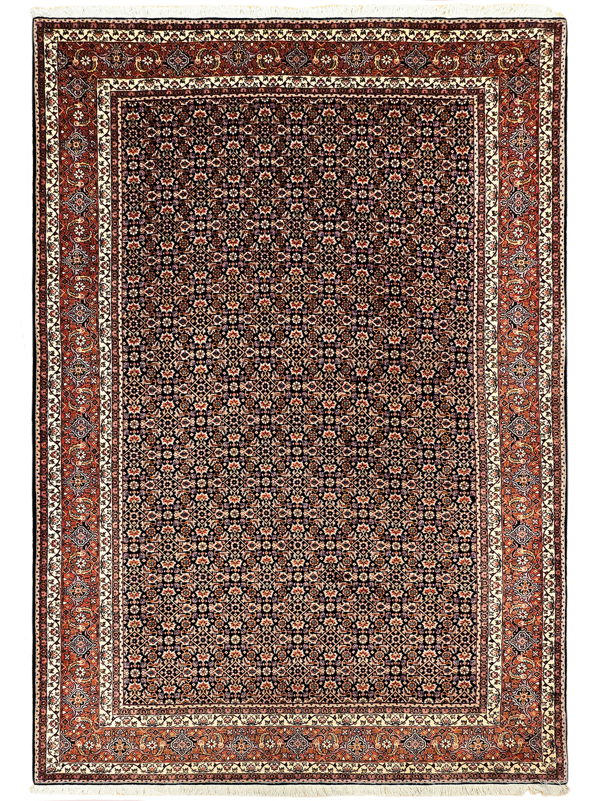 Rectangular rug with central medallion and border in rust, black, and cream
