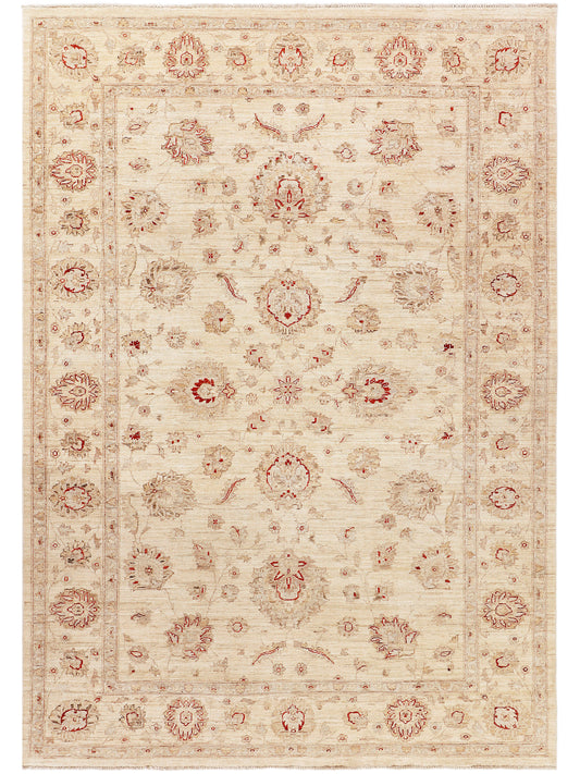 Afghan rug with cream background and small red ornamental medallions
