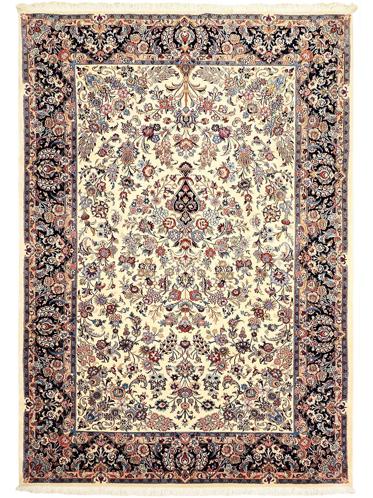 Floral Persian-style area rug with cream center, dark navy border, and fringed edges