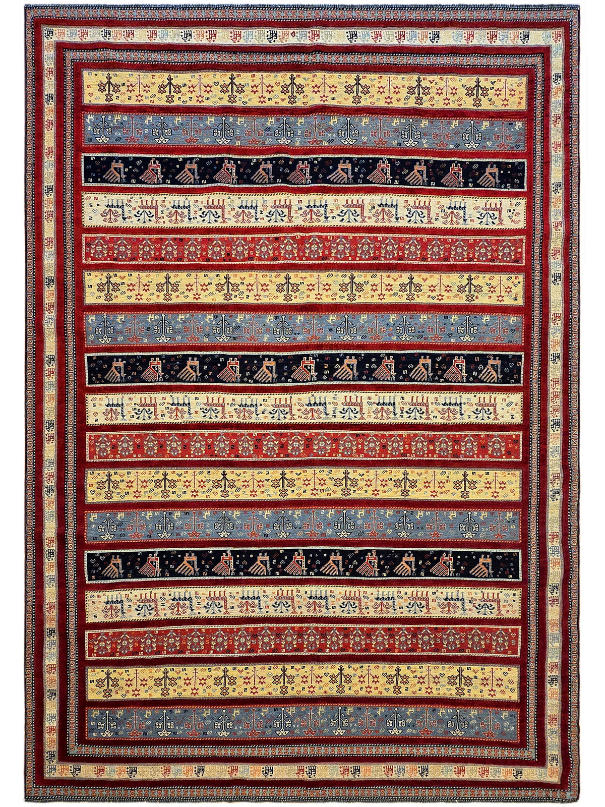 Geometric area rug with red frame, blue field, cream accents and navy stripe