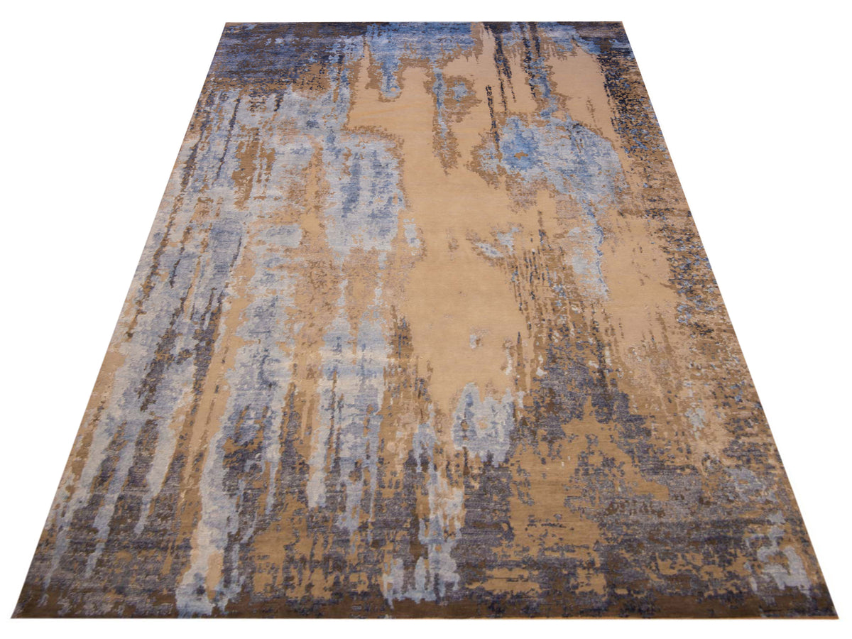 Rectangular modern Tibetan rug with layered blue and beige brushstroke distress