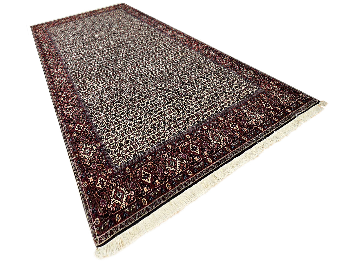 Bidjar rug with beige pattern field, dark red border, and light fringe along edges