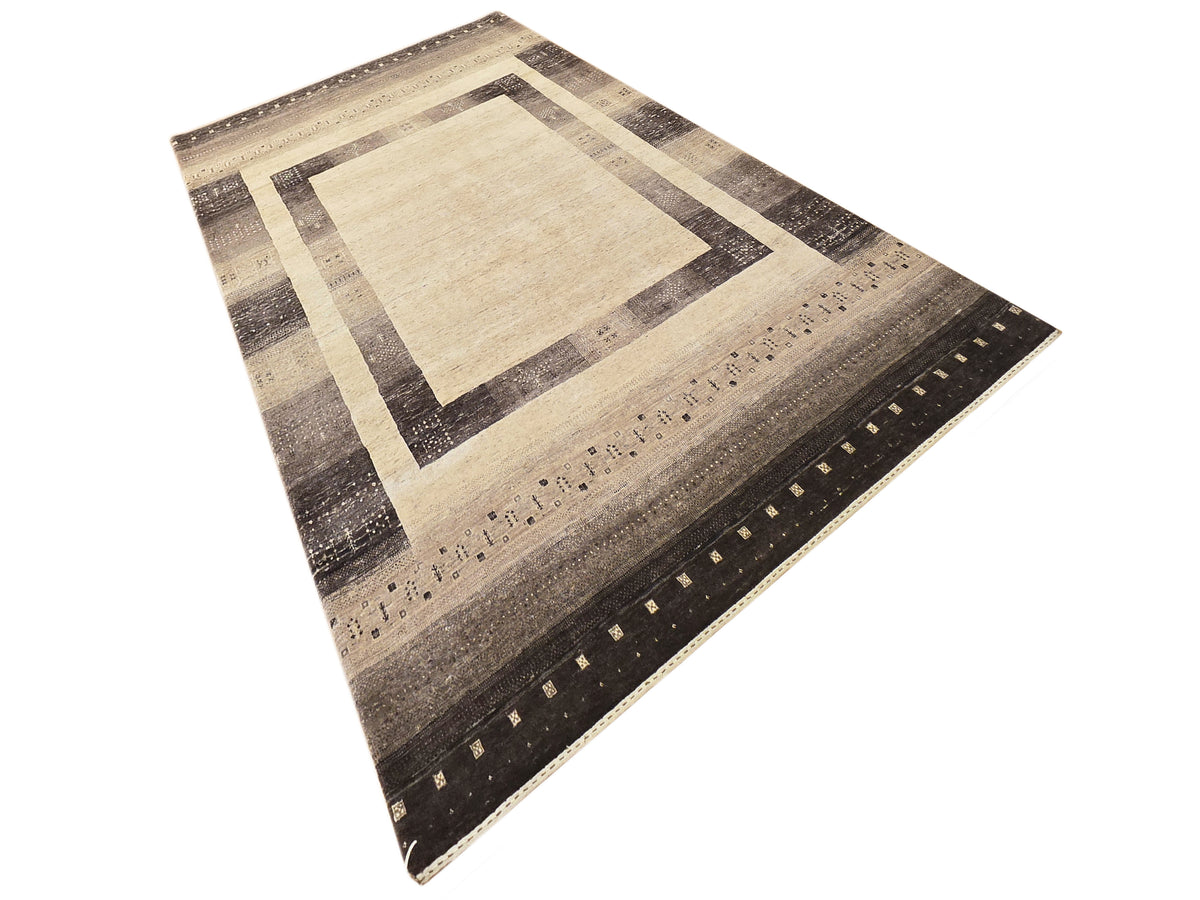Rectangular rug with beige central square and dark brown geometric border lines