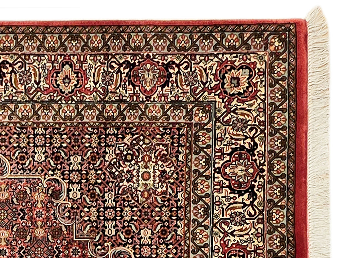 Bidjar rug border close-up with red and cream ornamental details and cream fringe edge.