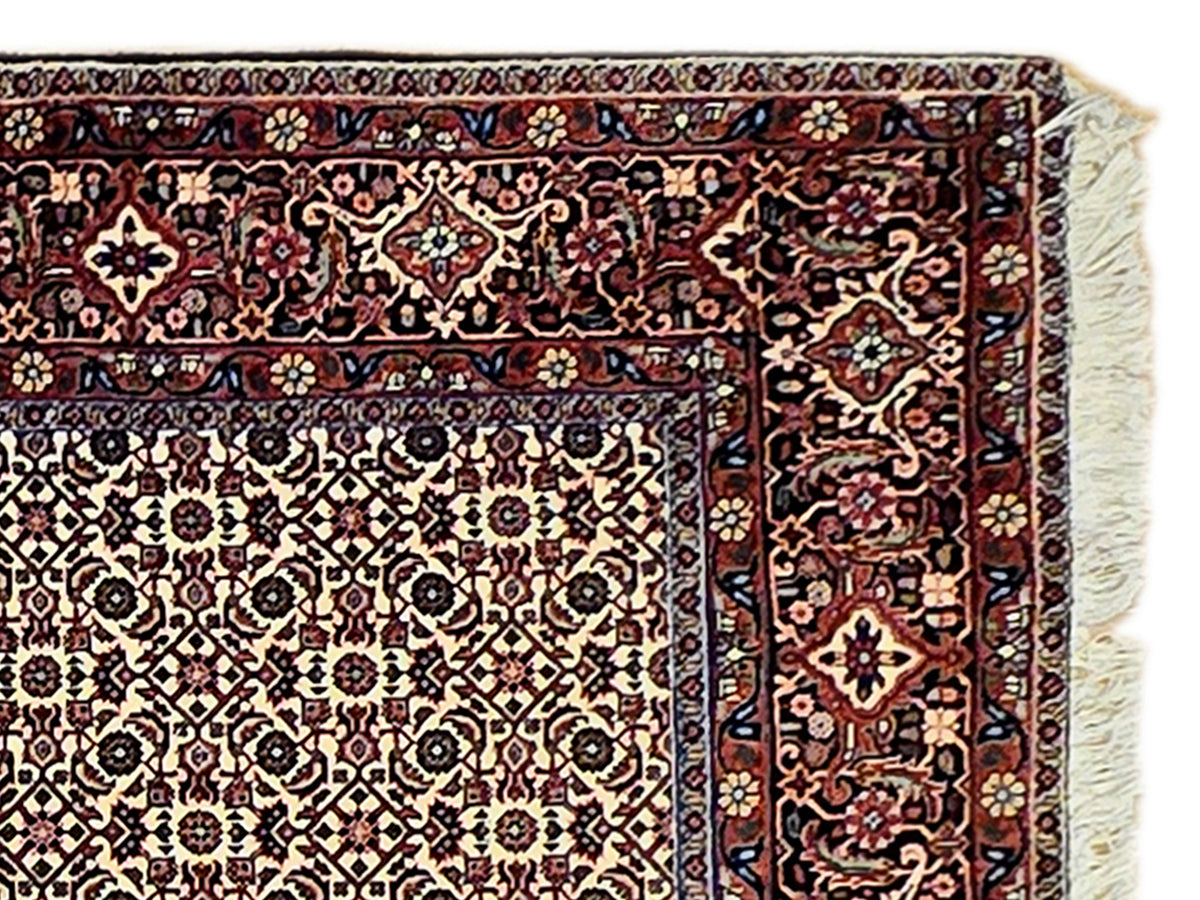 Bidjar rug close-up of ornate border, cream ground, and dark maroon details with fringe