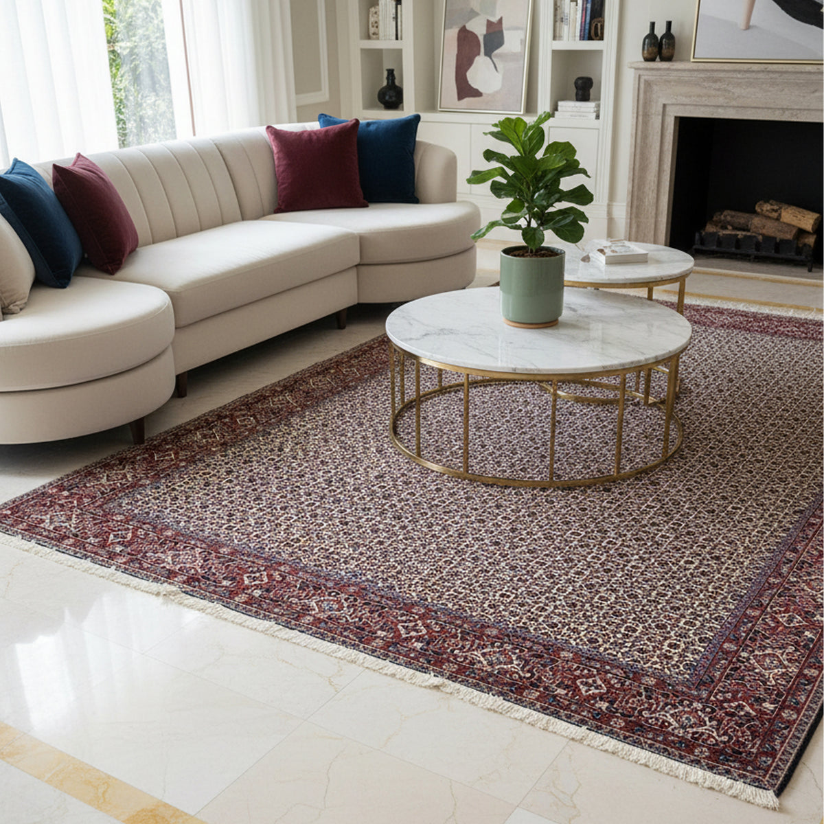 Bidjar rug in living room setting with red, cream, and dark accents and patterned border