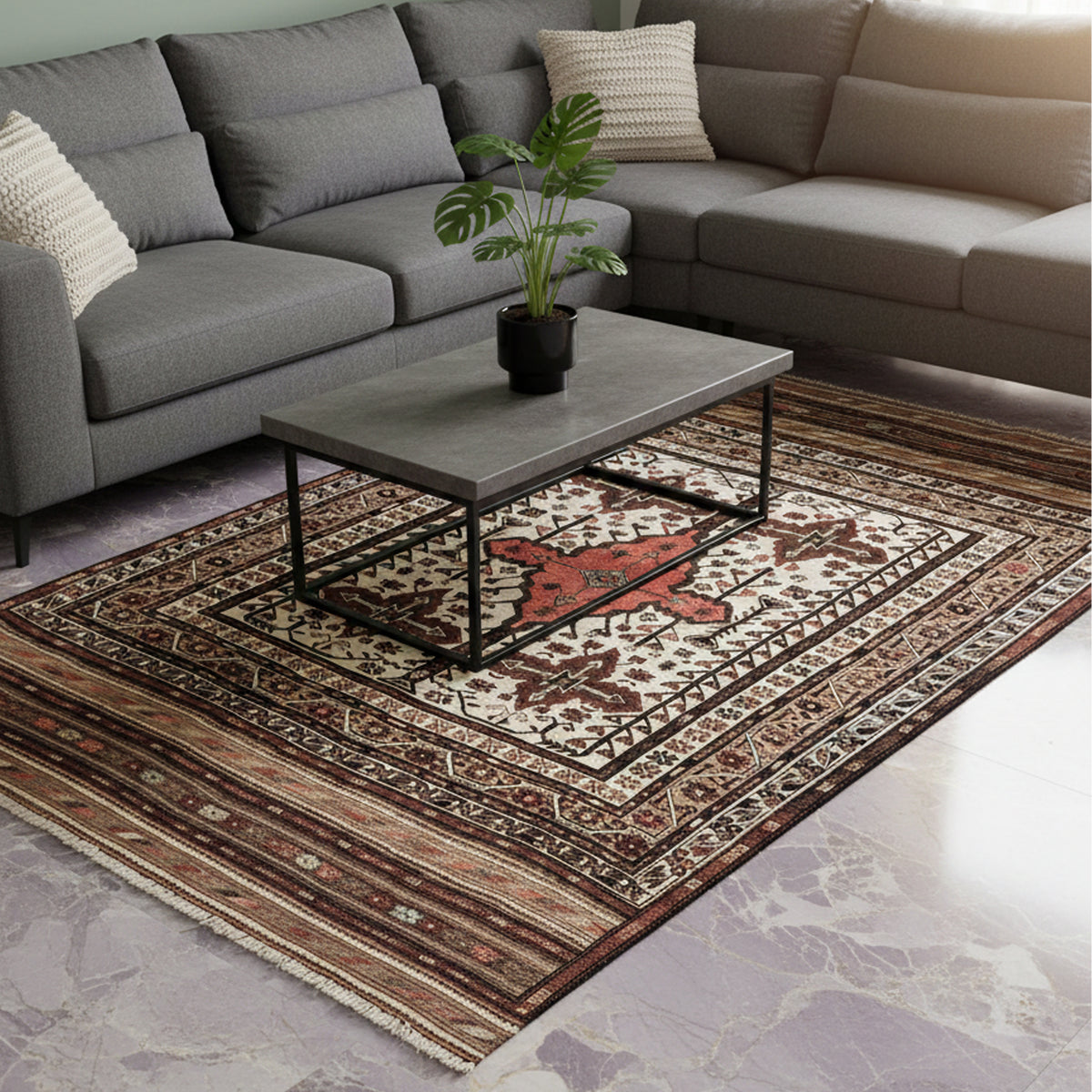 Soumak rug with geometric pattern, red and cream medallion, and dark border lines