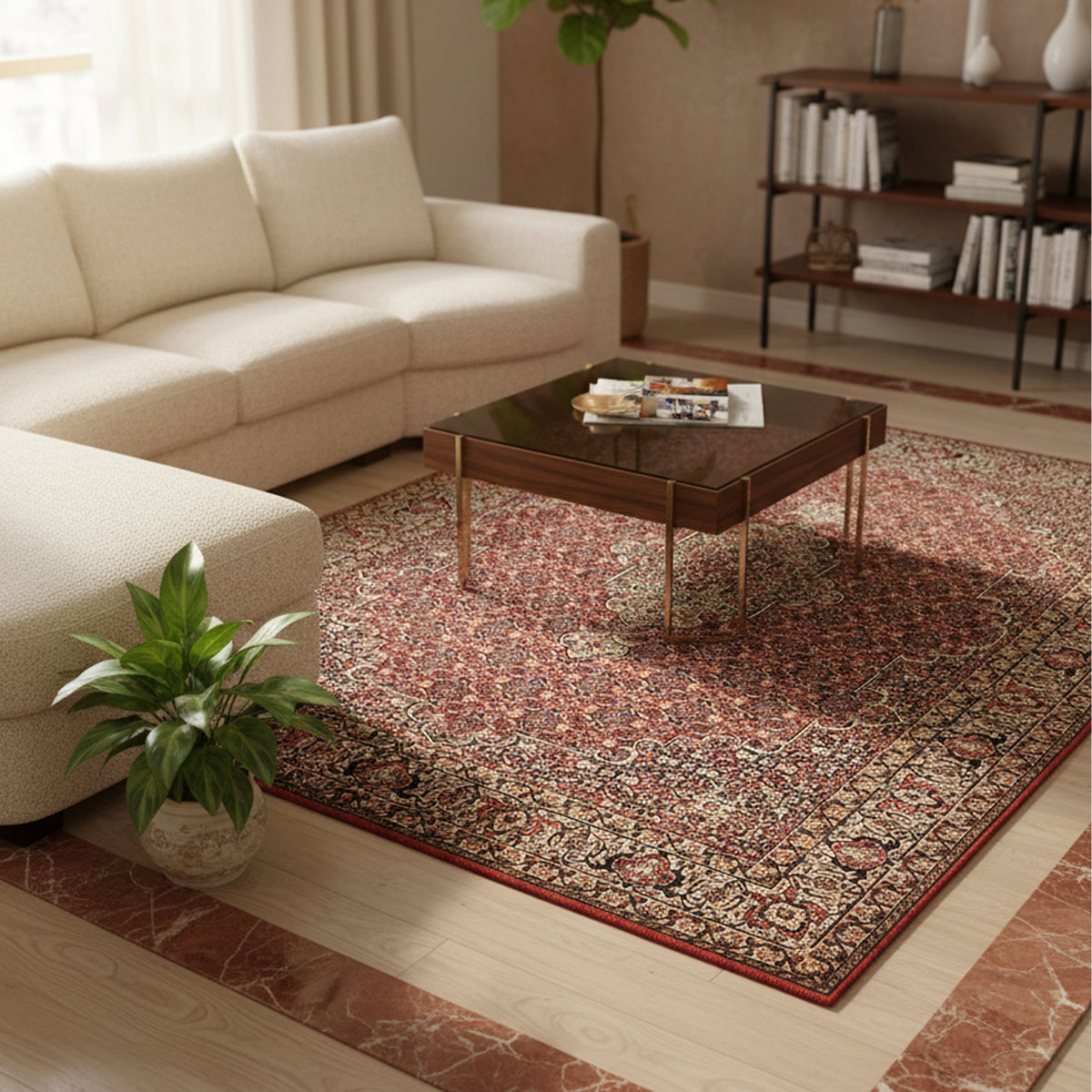 Bidjar rug in rust red with ornate medallion pattern and detailed framed border.