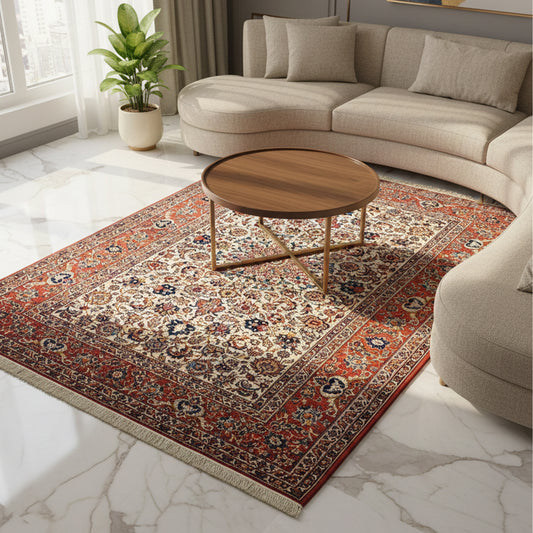 Large rectangular floral area rug in red, blue, and cream with short fringes