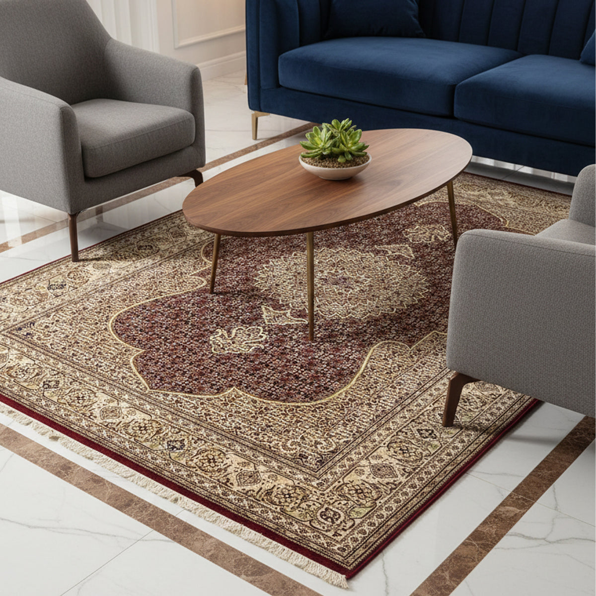 Patterned area rug with red, cream, and brown medallion motifs and decorative border