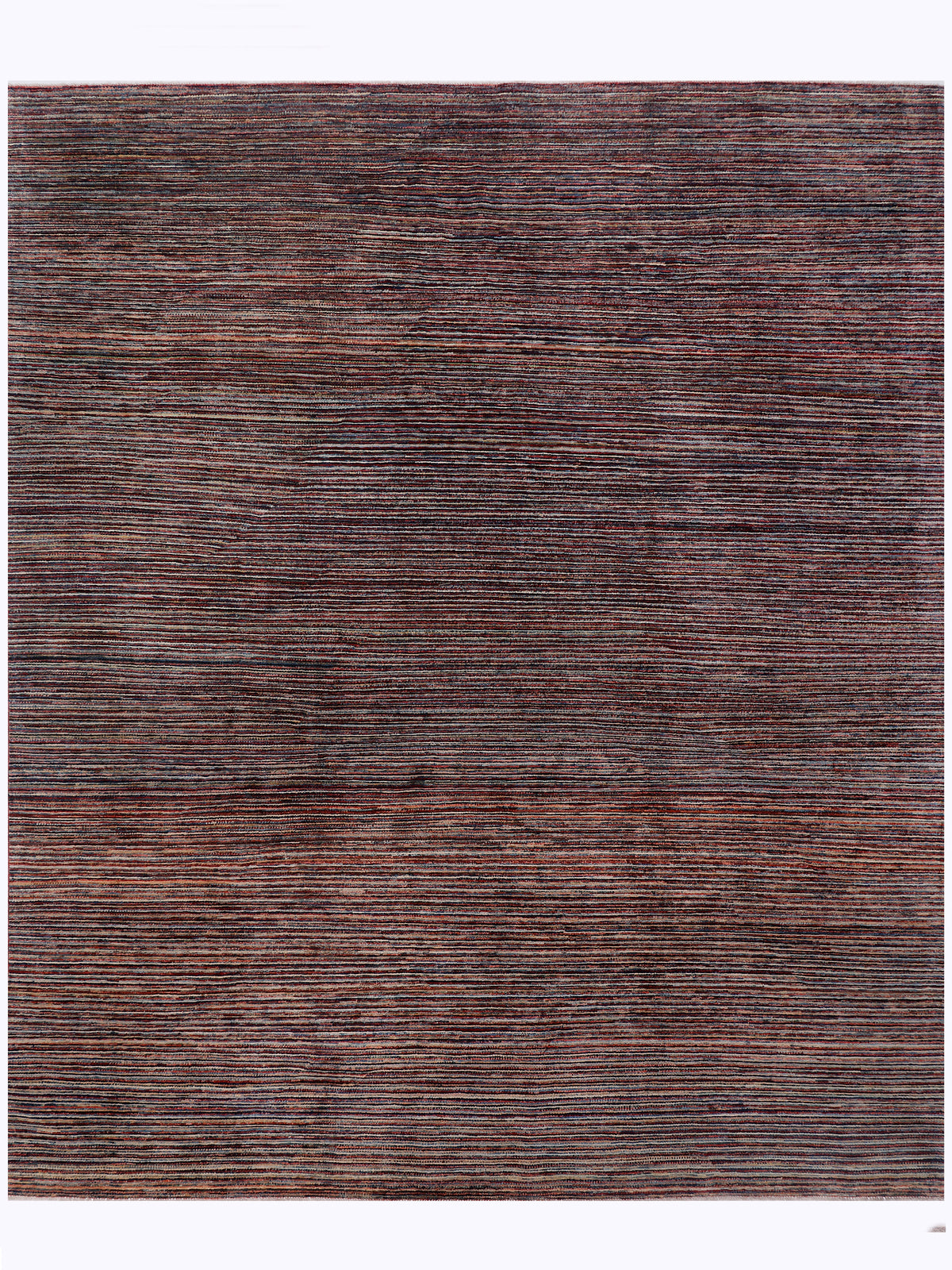 Rectangular rug with dark brown and multicolor horizontal stripes, flat woven.