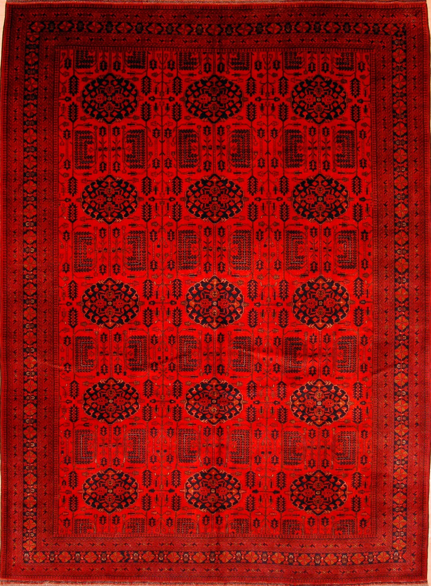 Red Afghan rug, 340x245 cm, ornate medallion pattern with dark border