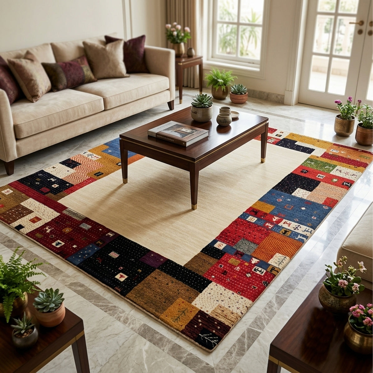 Multicolor patchwork area rug with beige center and geometric border