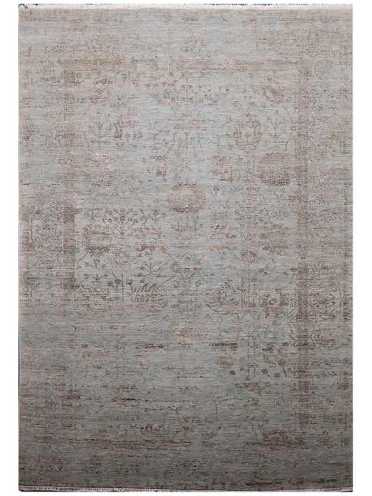 Light gray distressed area rug with evenly spread abstract pattern and fringe edging