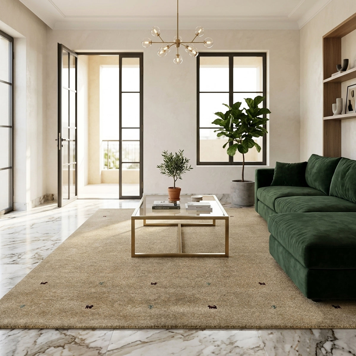 Beige handloom rug with small multicolor animal motifs and subtle speckled texture
